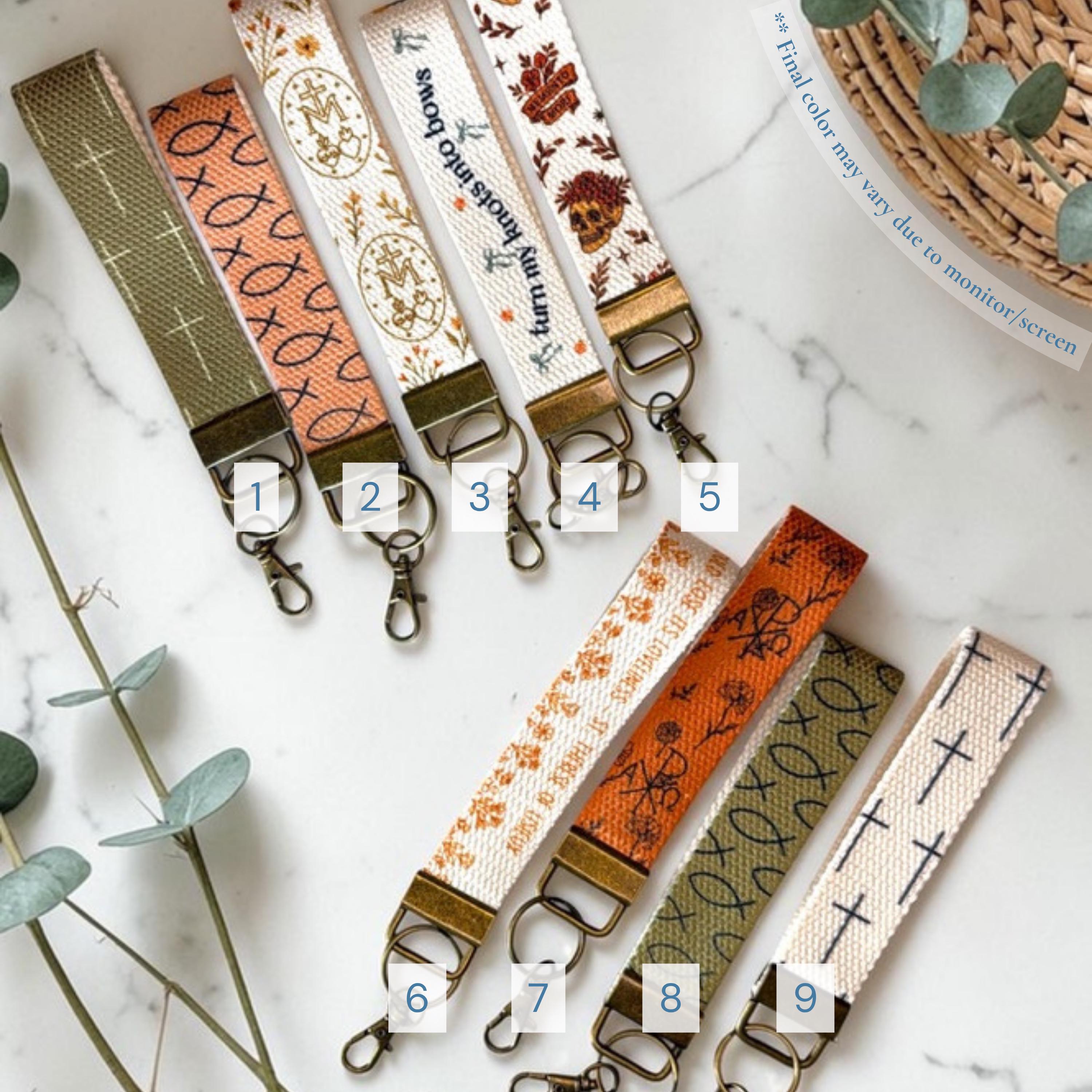 Undoer of Knots Virgen Mary Catholic Canvas Wristlet Lanyard Keychain Wrist Lanyard for Women Floral Handmade Canvas KeyFob Gift for Her