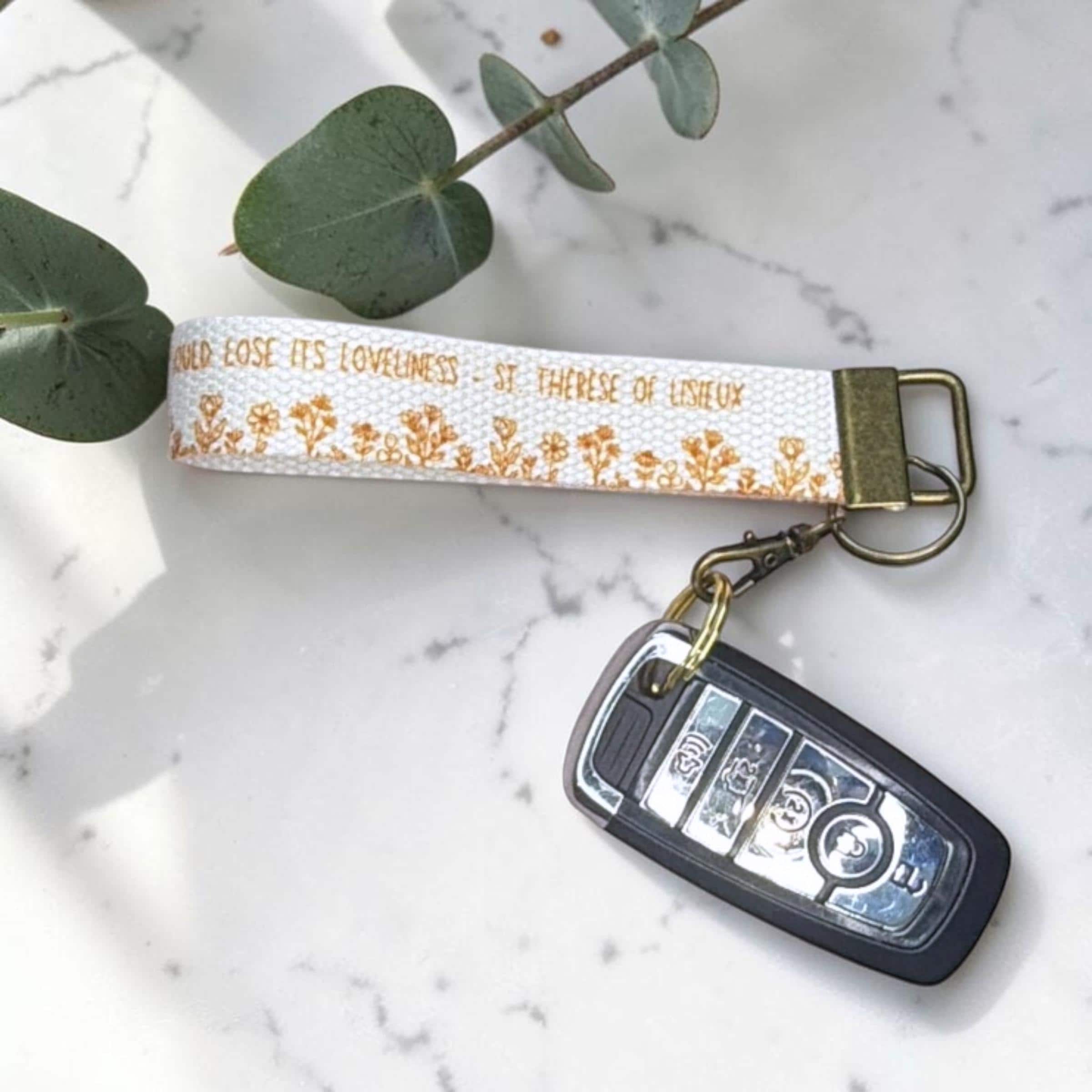 Saint St Therese Catholic Wristlet Keychain for Women Faith Keychain Lanyard Catholic Gift for Mom Teacher Handmade Canvas Key Religious